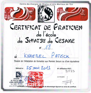 certificat école shiatsu CESAME